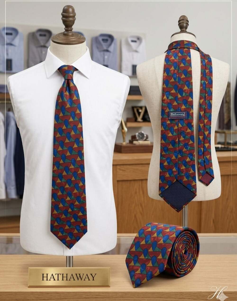 Hathaway Geometric Pattern Necktie - Red, Blue, Green, and Yellow 100% Printed P